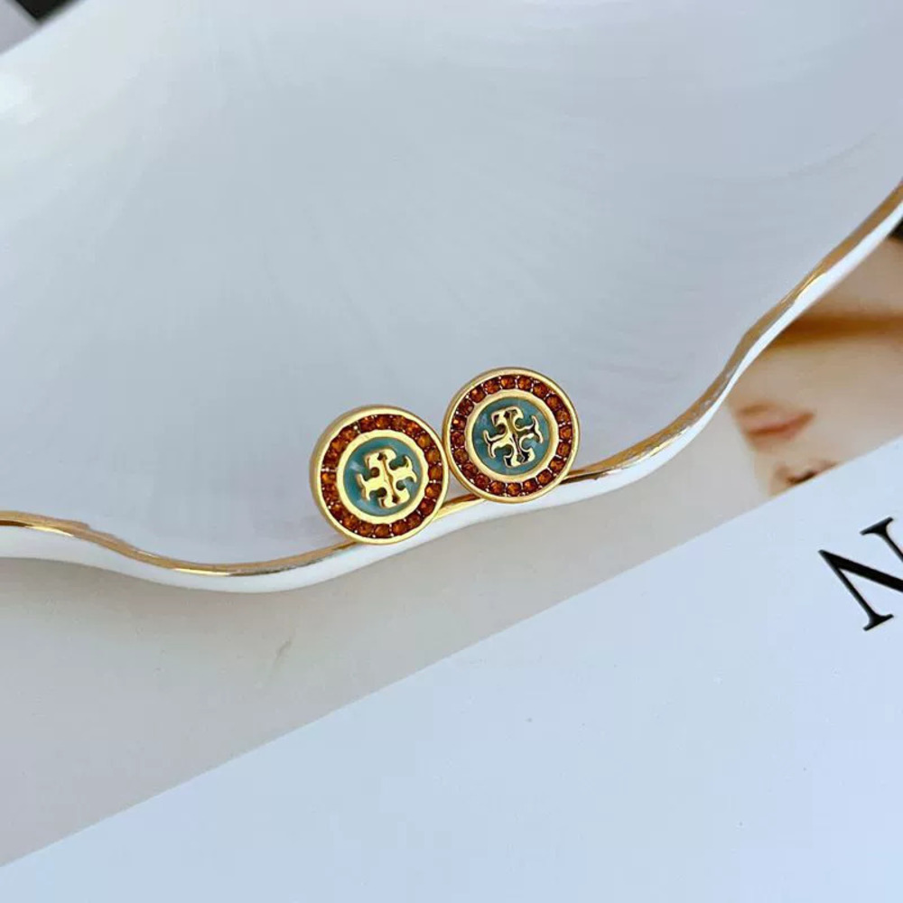 Tory Burch Enamel Rhinestone Geometric Round Letter Mother Daughter Earrings
